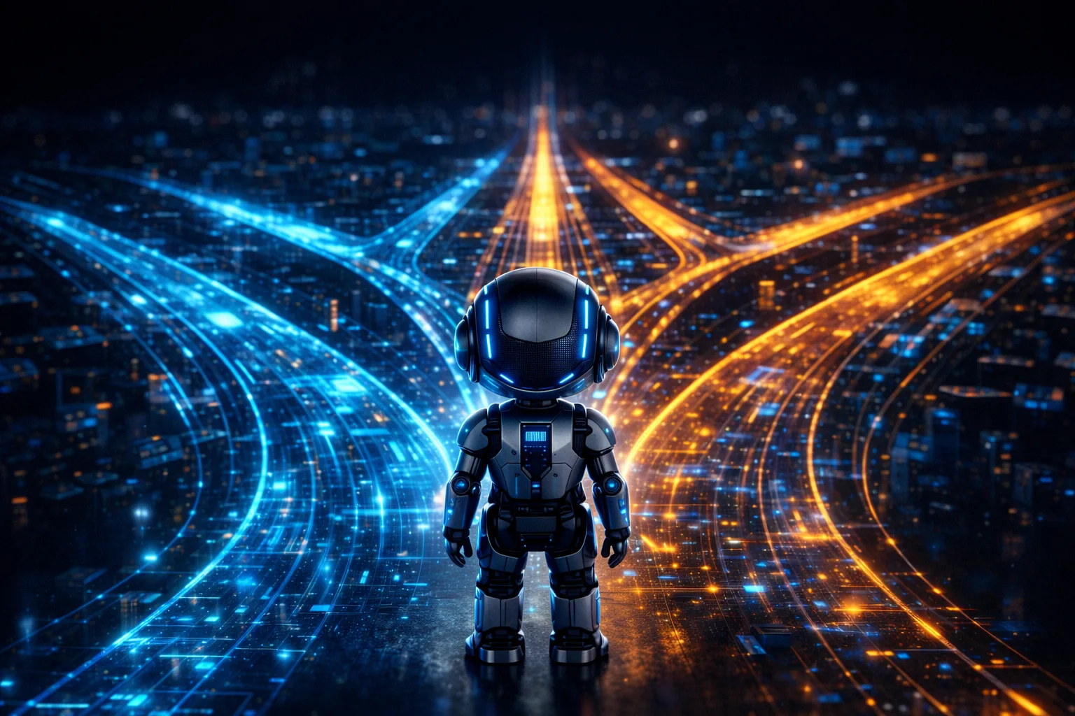 A robot facing diverging paths of light — general AI offers potential but uncertain outcomes