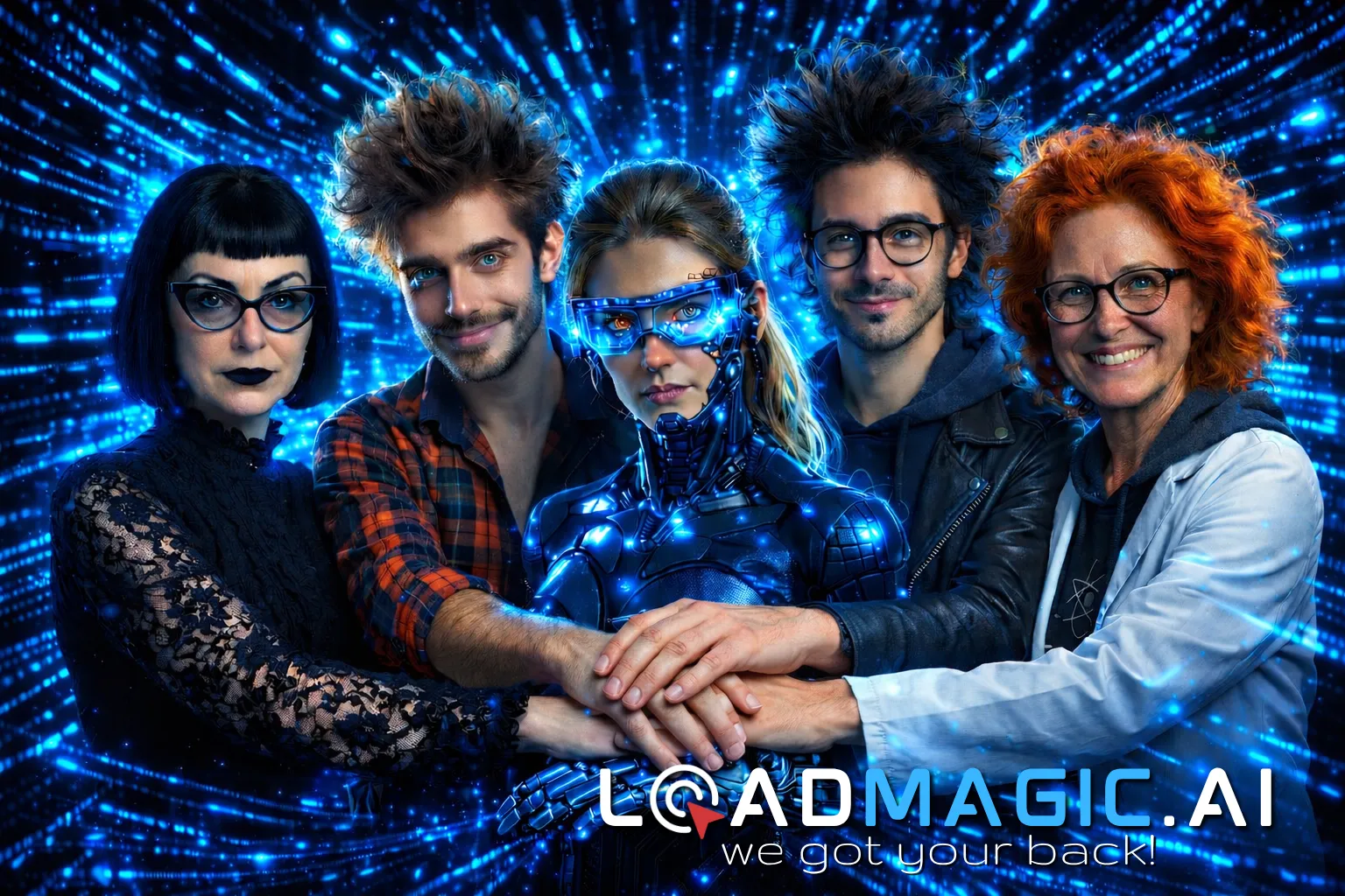 The LoadMagic AI agent team — Carrie, Rupert, George, Quinn, and Suzy — hands in together. We got your back!